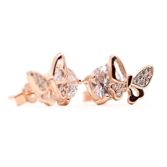 18k Rose Gold Dipped Butterfly White Topaz Studs E - Picture 3 of 7